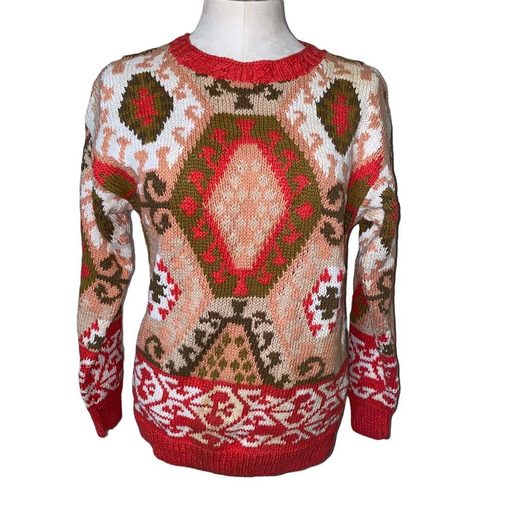 French Navy Vintage Grandpa Sweater Knit Fair Isle Pullover Crewneck size small